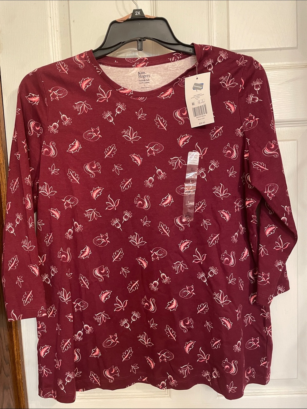 belk Sangria Long Sleeve Tee with White & Pink Leaf and Squirrel Print